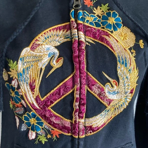 Lucky Brand Embroidered Black Zip-up Hoodie with Peace Symbol XS - Picture 2 of 8